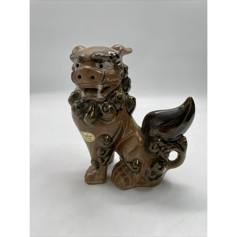 Pair 2 Andrea Sadek Brown Ceramic Asian Foo Dog Lion Figure Dragon Statue Japan